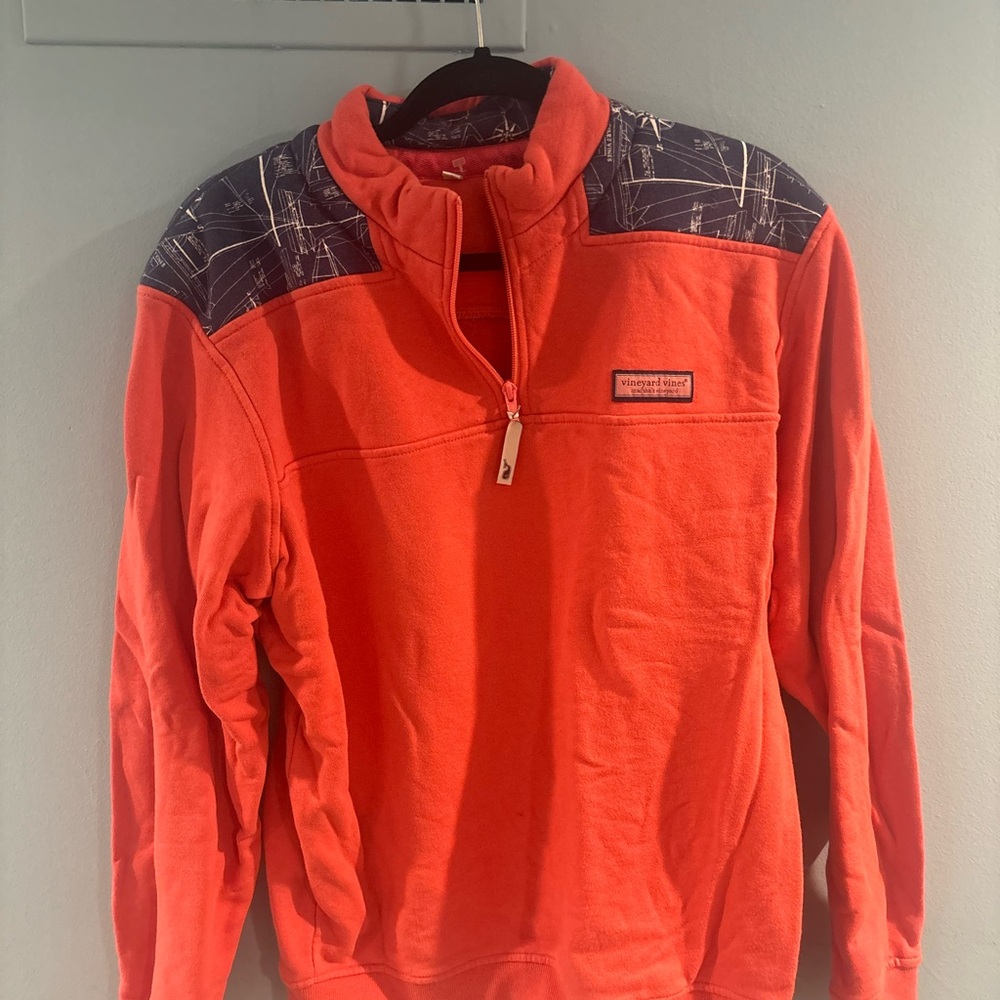 Vineyard Vines Wooden Ships Orange Pullover with Patterned Shoulders